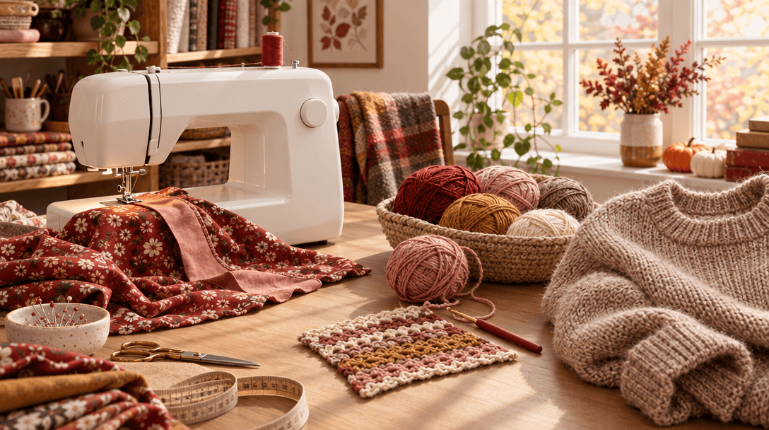 A sewing machine beside autumn fabric, yarn, crochet swatches, and a knitted sweater in a warm craft room.